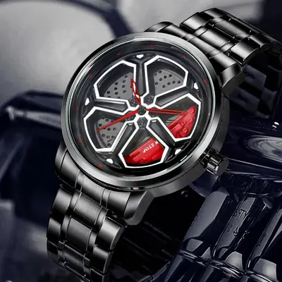 Men's Black Hexagon Quartz Watch with Red Dial