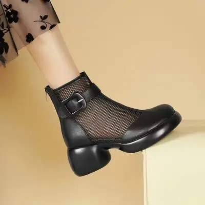 Women's Black Mesh Boots with Chunky Heel
