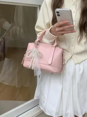 Women Pink Shoulder Crossbody Bag with Pearl Tassel