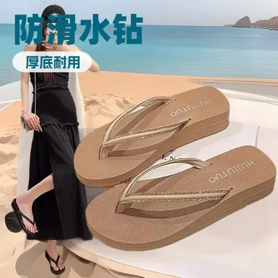 Women Rhinestone Wedge Flip Flops Black