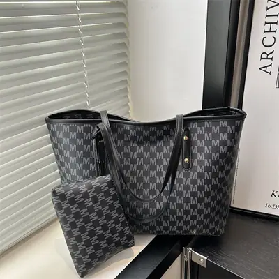 Women's 2-Piece Brown Checkered Tote & Wallet Set