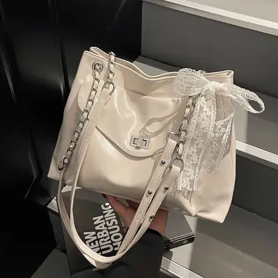 Women's Large Capacity Beige Chain Shoulder Bag 2025