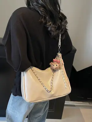 Women's Beige Chain Shoulder Bag with Doll Decor