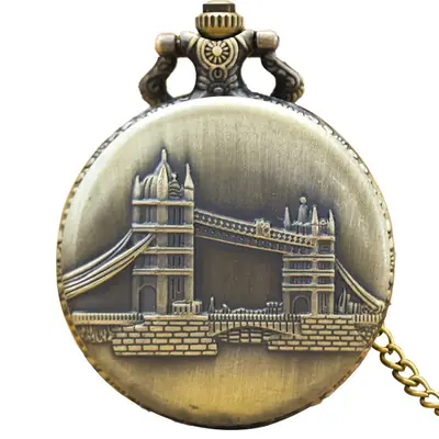 Vintage London Tower Bridge Pocket Watch with Chain Strap