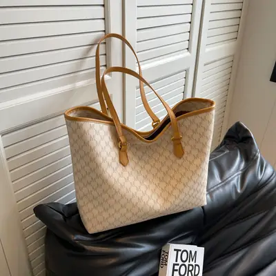 Women Large Capacity Beige Embroidered Tote Bag