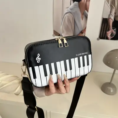 Piano Note Design Small Crossbody Bag Black White