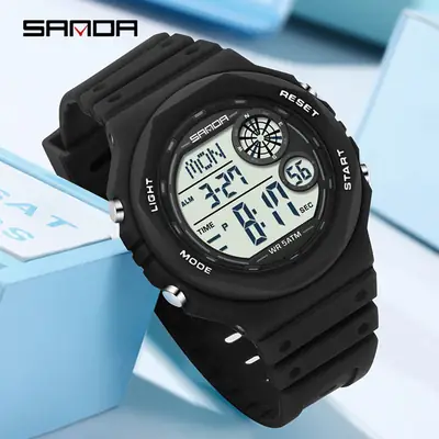 Sanda Digital Watch Black Waterproof Multi-Function Alarm Clock