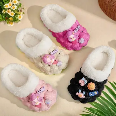 Factory Wholesale Cotton Slippers Home Wear Litchi Bathroom Couples Non-slip EVA Cartoon Fashion Autumn and Winter Cotton Slippers Tide