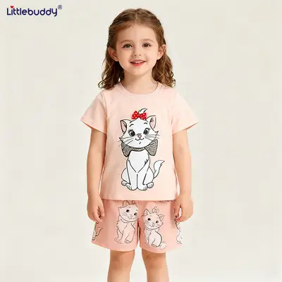 2025 Kids Cat Print Cotton Shorts Set Pink