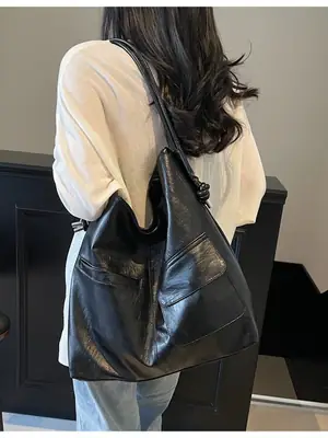 Black Leather Large Tote Bag for Women 2025
