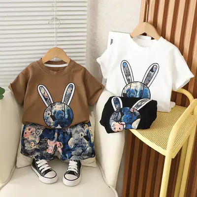 Children's 2-Piece Bunny Embroidered Suit Brown Short Sleeve T-Shirt with Printed Shorts