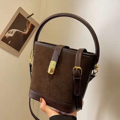 Autumn Winter Women's Frosted Bucket Bag Large Capacity