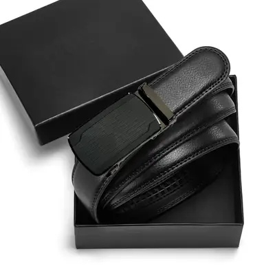 Men's Black Leather Belt with Silver Buckle & Gift Box