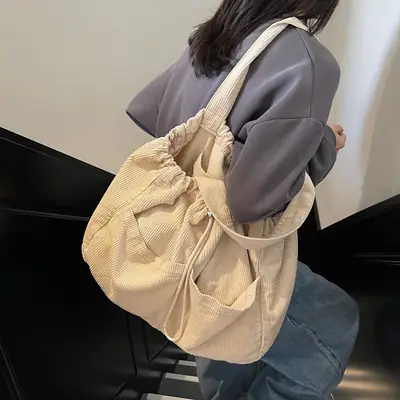 Women Drawstring Shoulder Bag Large Capacity Beige