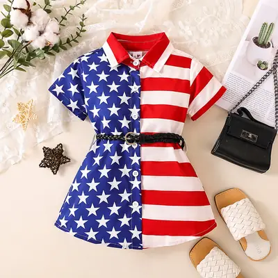 Independence Day Girl's Star Patchwork Dress with Belt