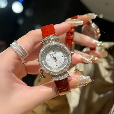 Diamond Encrusted Women's Quartz Watch with Real Belt