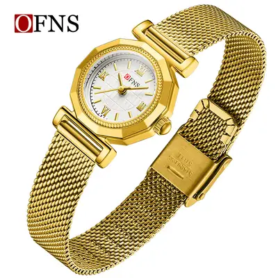 OFNS Gold Mesh Women's Quartz Watch with Roman Scale