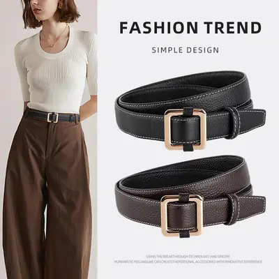 Black Women's Leather Belt with Gold Buckle
