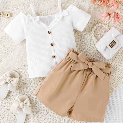 Girls White Sleeveless Belt Shorts Set Spring Summer