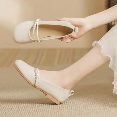 Women French Mary Jane Flat Shoes Soft Sole Beige