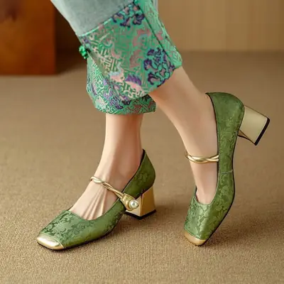 Spring High-heeled Shoes Women's Single-layer Shoes New Chinese Style National Style Color-matching Square-head Mary Jane Shoes French Pearl Thick Heel