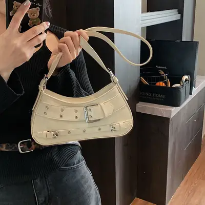 Women's Vintage Belt Buckle Shoulder Bag Beige