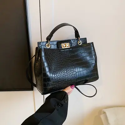 Black Croc Textured Shoulder Bag with Gold Clasp