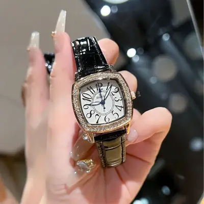 Square Diamond Ladies Quartz Watch Waterproof White Leather Band