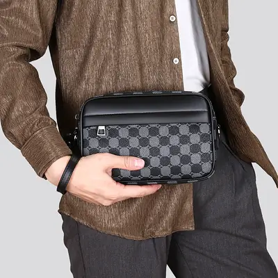 New Men's Black Checkered Mini Shoulder Bag