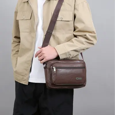 Men's Korean Style PU Leather Crossbody Bag Brown Large Capacity