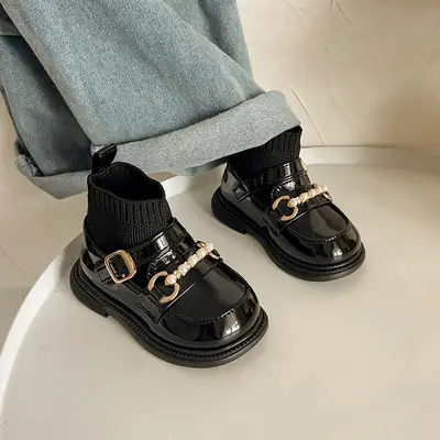 Spring and Autumn Baby Girls' Socks Shoes Breathable Non-slip Baby Toddler Shoes with Soft Sole Girls' Single-layer Shoes British Princess Leather Shoes