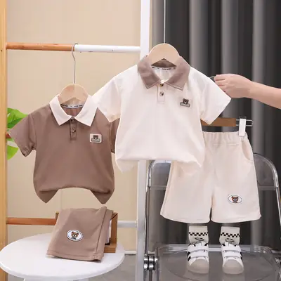 Children's 2-Piece Polo Shirt Set Brown White Summer Boys