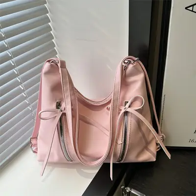 Pink Bow Shoulder Bag for Women Large Capacity