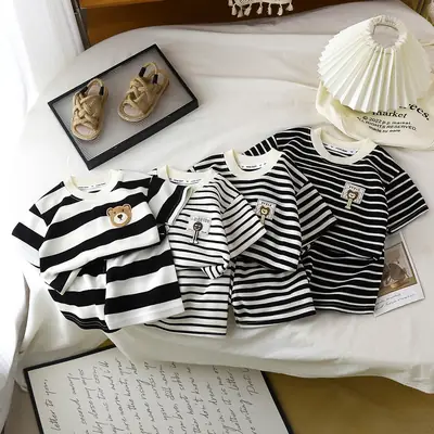 Children Striped T-Shirt Shorts Set Black White Baby Summer