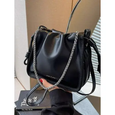 Black Pleated Shoulder Bag for Women New 2026
