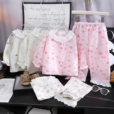 Girls' home clothes suit new loose thin pajamas lace pants air conditioning clothes two-piece children's clothing wholesale