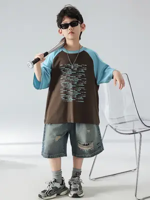 Boys Summer T-shirt Shorts Set Brown Blue 2025 Kids Wear