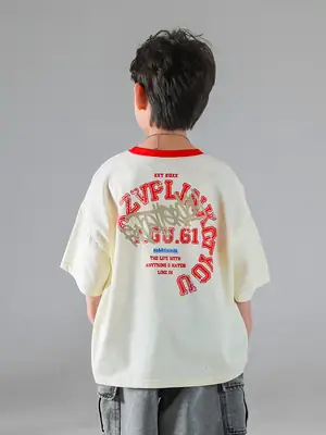 Boys Korean Style Short Sleeve T-Shirt Cream 2025