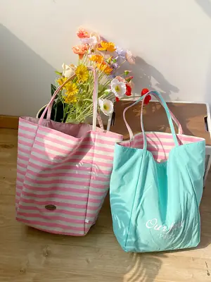 Striped Canvas Tote Bag with Blue Drawstring