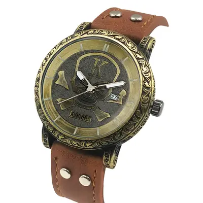 Vintage Carved Belt Men's Quartz Watch with Skull Design