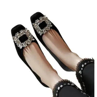 Mary Jane Shoes Women's Square Toe Black High Heels Women's Chunky Heel 2025 Spring New Arrival Rhinestone All-Match French Elegant