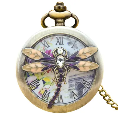 Gold Diamond Pocket Watch with Dragonfly Design