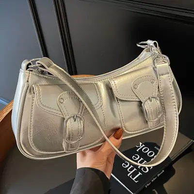 Women's Gold Leather Crossbody Bag with 3 Pockets