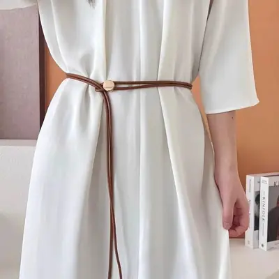 Women's White Leather Belted Summer Dress Shirt