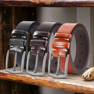 Men's Buckle Belt Silver Alloy Brown Leather Belt