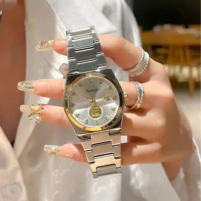 Men's Gold Skeleton Watch with Silver Chain Strap