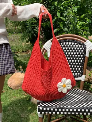 Red Woven Shoulder Bag with Flower Decor