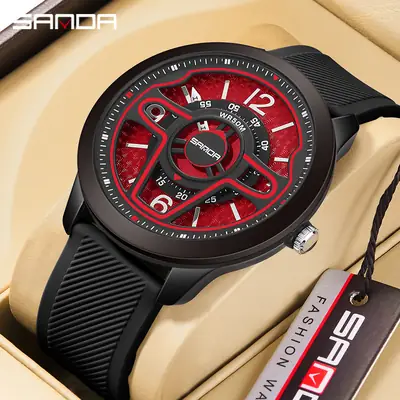 Sanda Men's Red Hollow Rotating Dial Watch with Black Strap