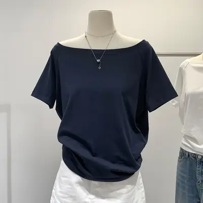 Spicy Girl Style Off-Shoulder Top for Women, Summer 2026 New Niche Design, Exposed Collarbone, Loose Short-Sleeved White T-Shirt