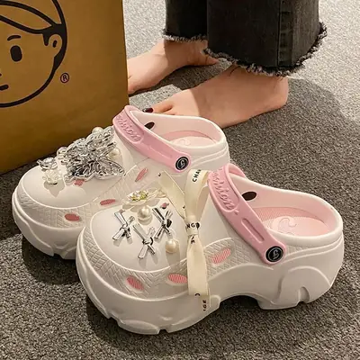 Women's Beige Pearl Slippers with Strap